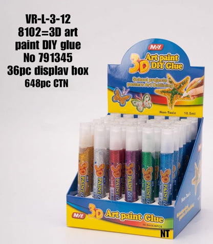 VR-L-3-12 8102=3D art paint DIY glue No 791345 36pc displav box  648pc CTN  Art paint DIY Glue  School projects posters Art Outlining  Non-Toxic  10.5ml  MAK  30 PAINT  Mix  30 PAINT  MX  PAINTDIY  PAINT  MAN  30PAINT